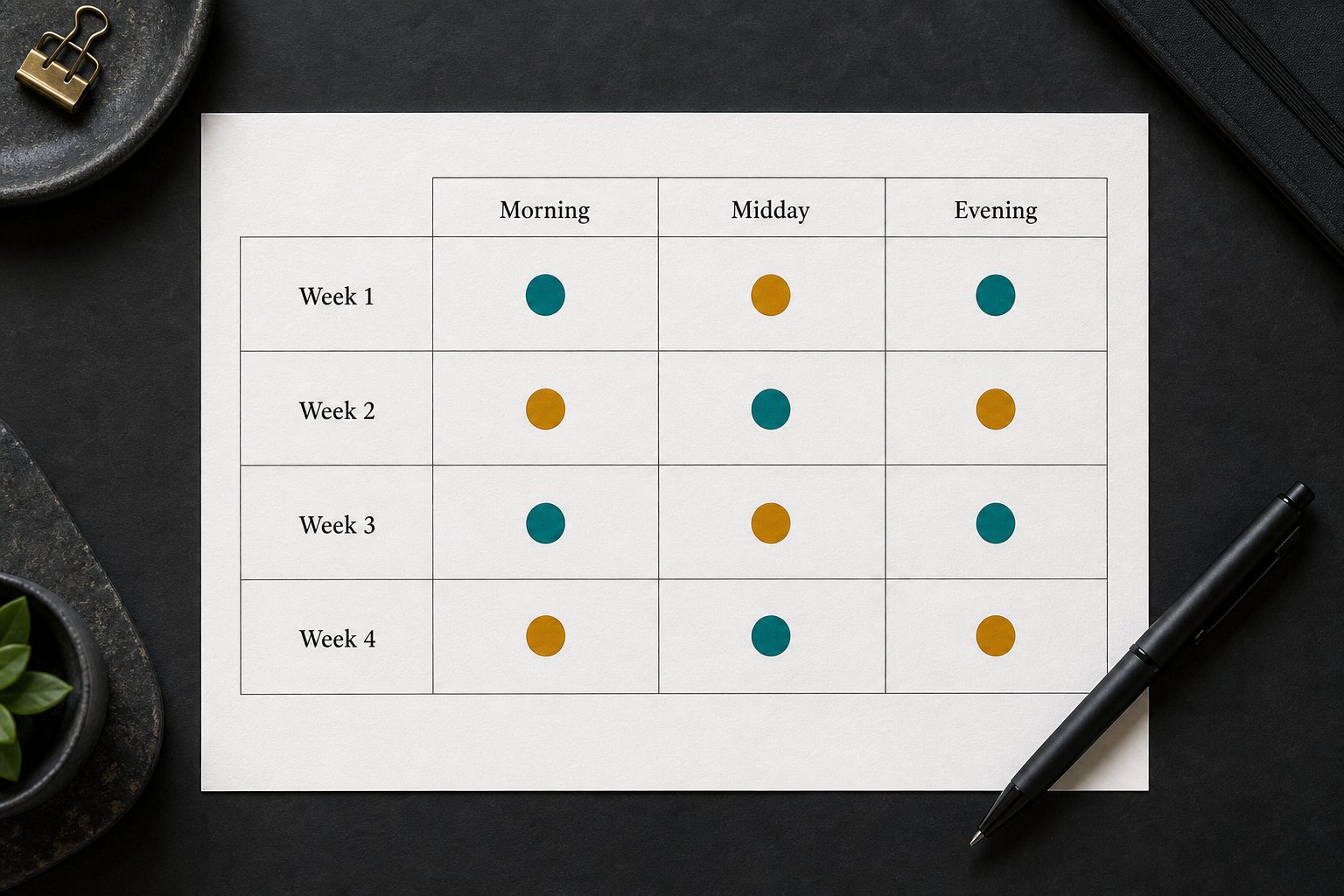 A four-week posting-time test grid with three rotating slots across weekdays, each cell representing a scheduled post.