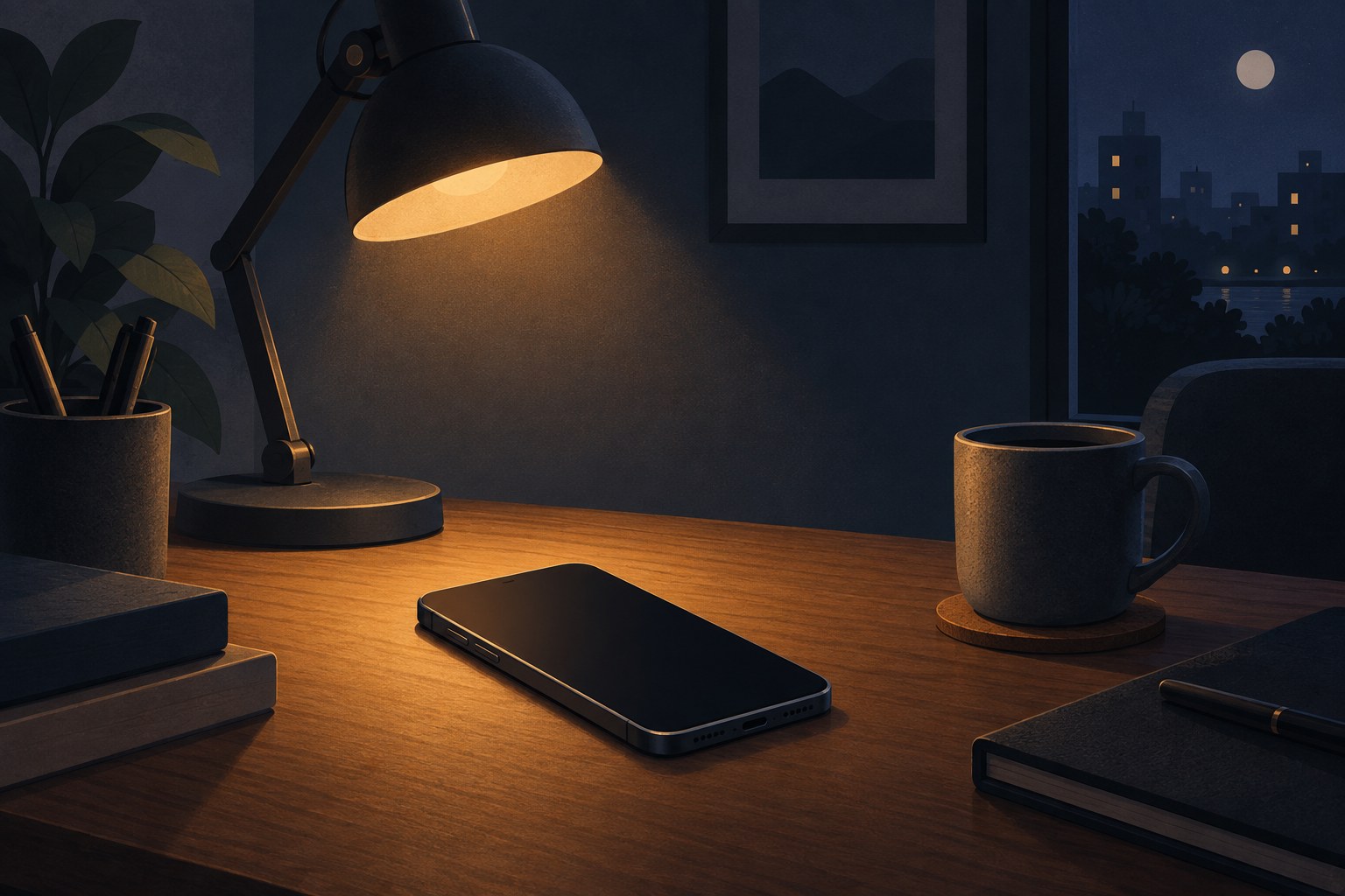 A desk lamp glowing over a phone resting on a wooden desk at night, dark editorial illustration style
