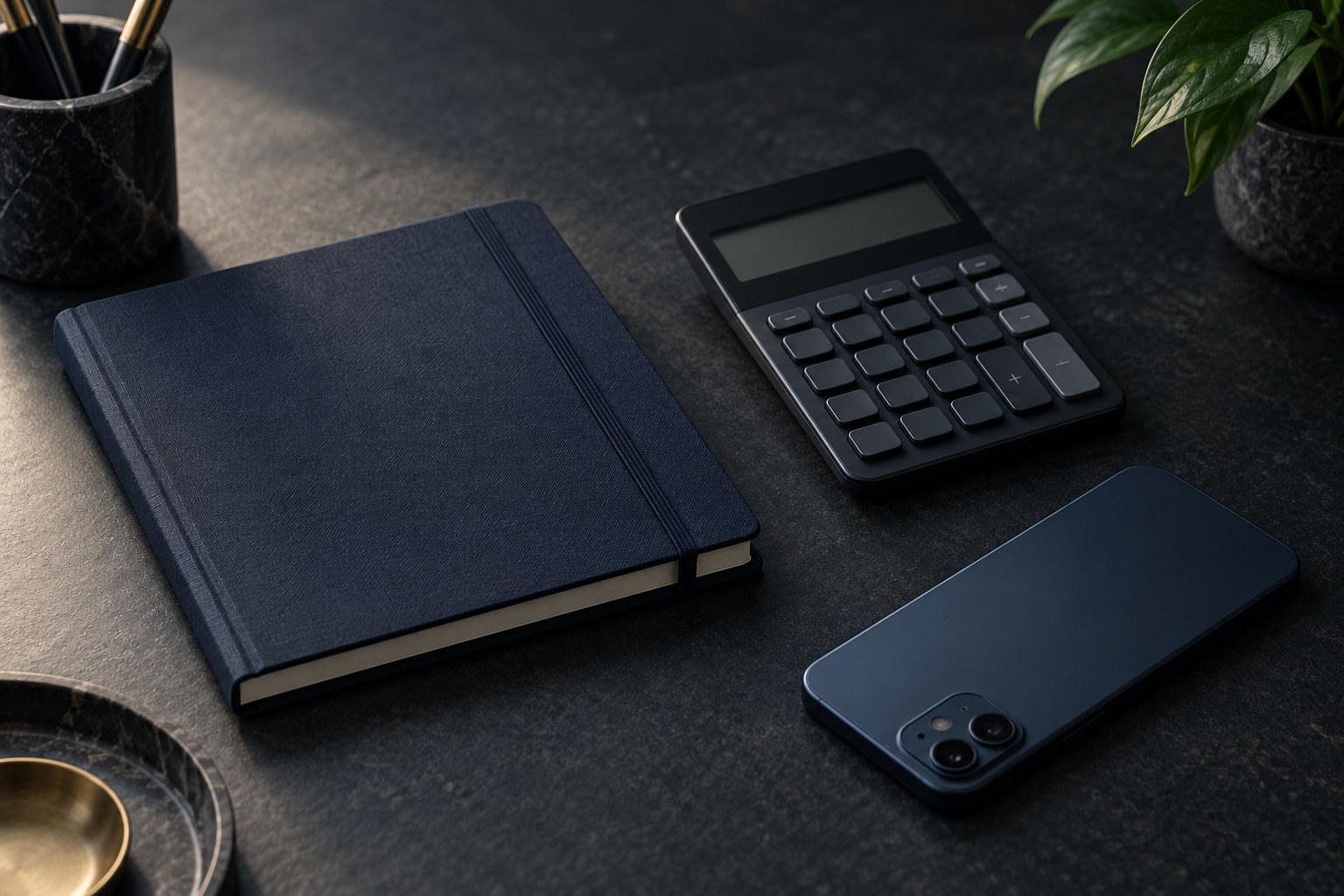 A clean desk with a closed notebook, a calculator with a blank display, and a phone face down, in soft light, with no readable text