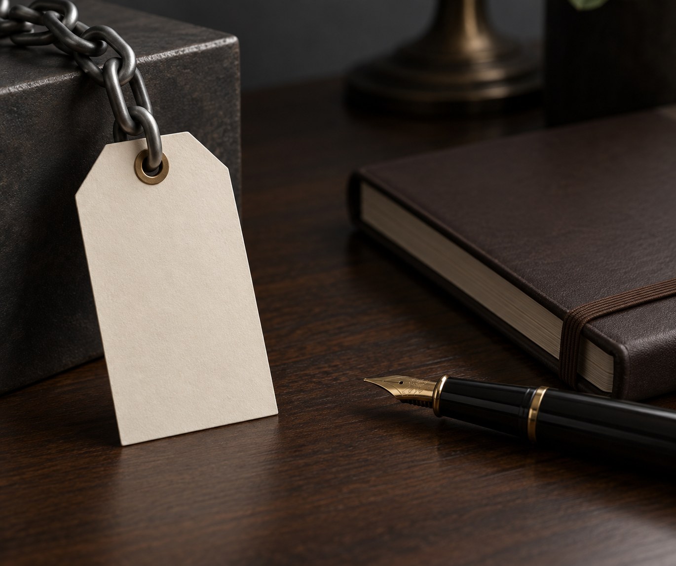 A clean paper price tag hanging from a short chain link, sitting on a dark desk beside a pen and notebook