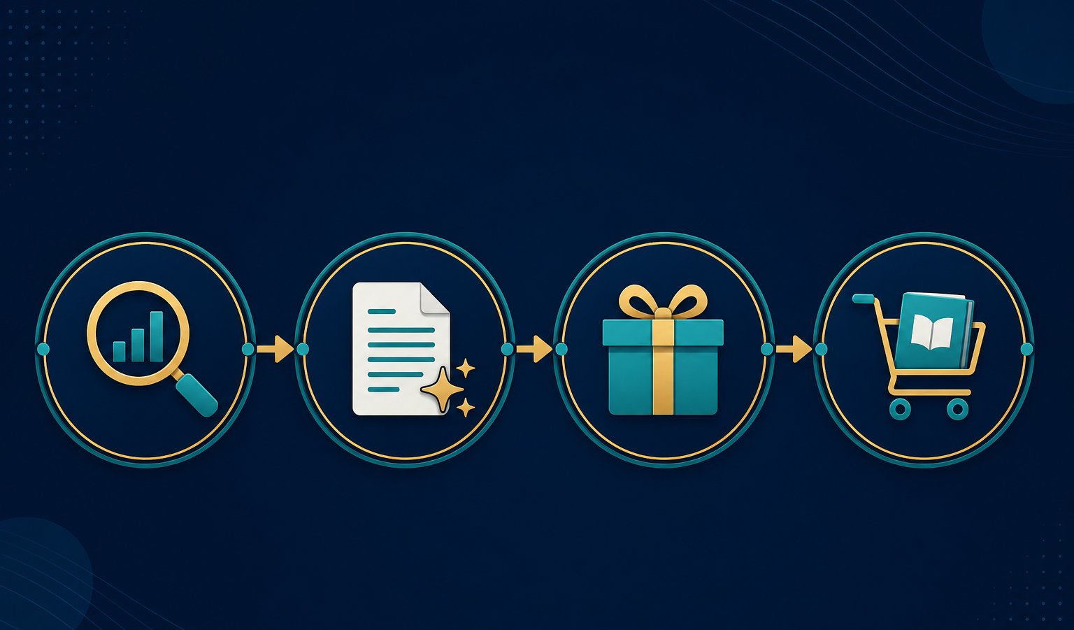 Four-step ebook creation workflow infographic from niche research to selling