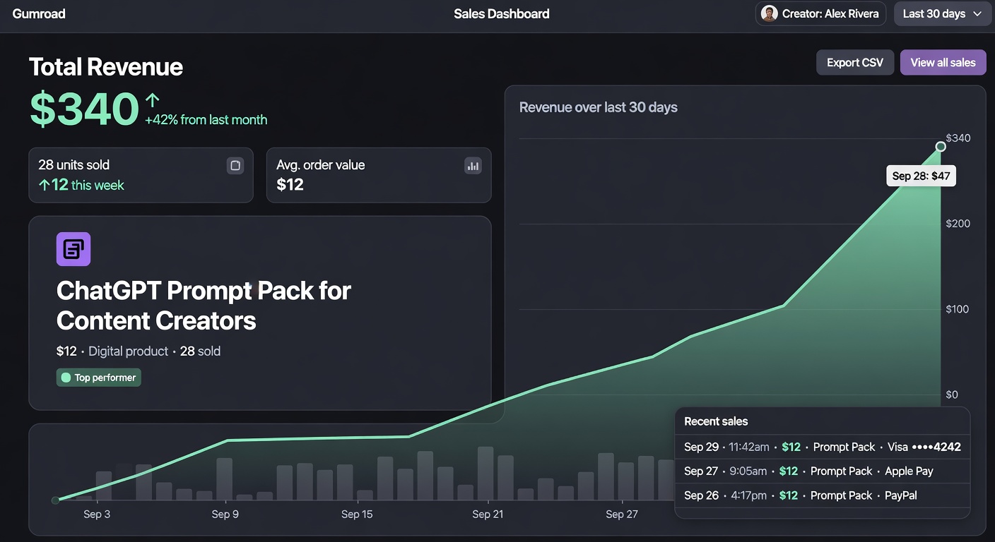 Mockup sales dashboard showing 340 dollars revenue from a 12 dollar digital prompt pack product