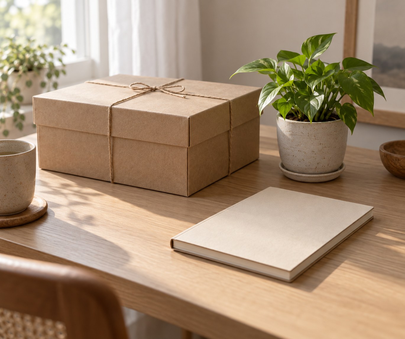 A tidy desk after cleanup: a closed archive box tied with string, a small potted plant, and a notebook with a clean cover, morning light