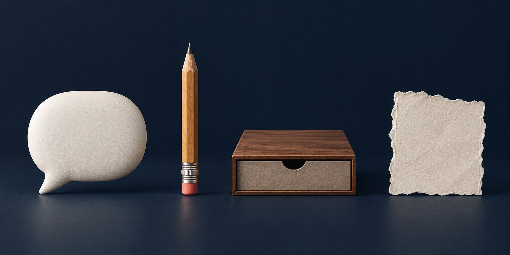 Four unlabeled objects on a dark navy surface: a speech bubble, a pencil, a closed tray, and a torn note, with no lettering