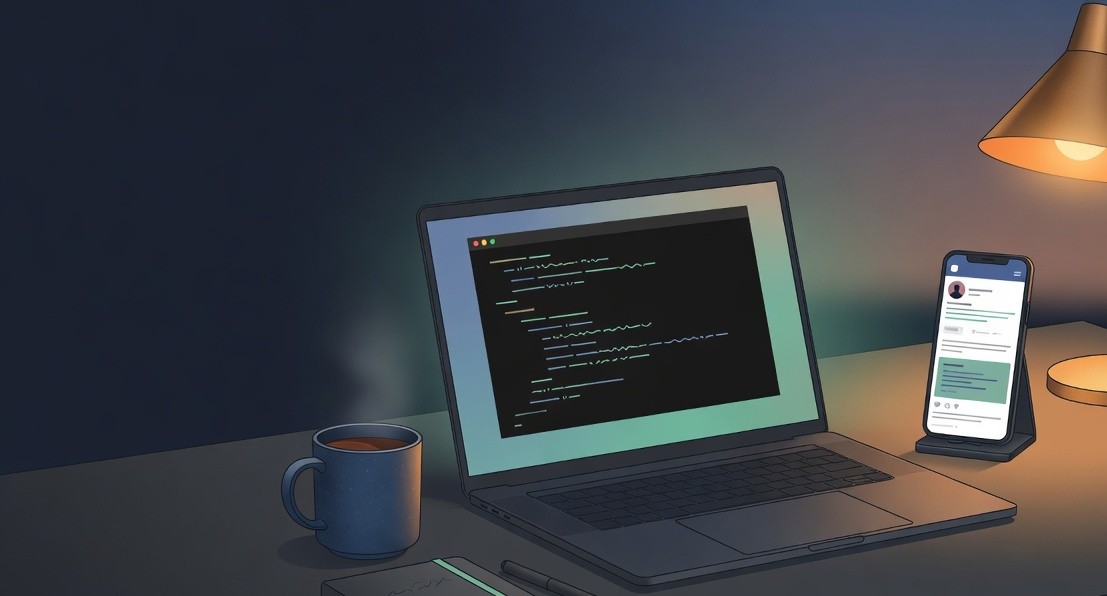 A laptop terminal open beside a phone showing a Threads post, on a tidy operator desk at dusk