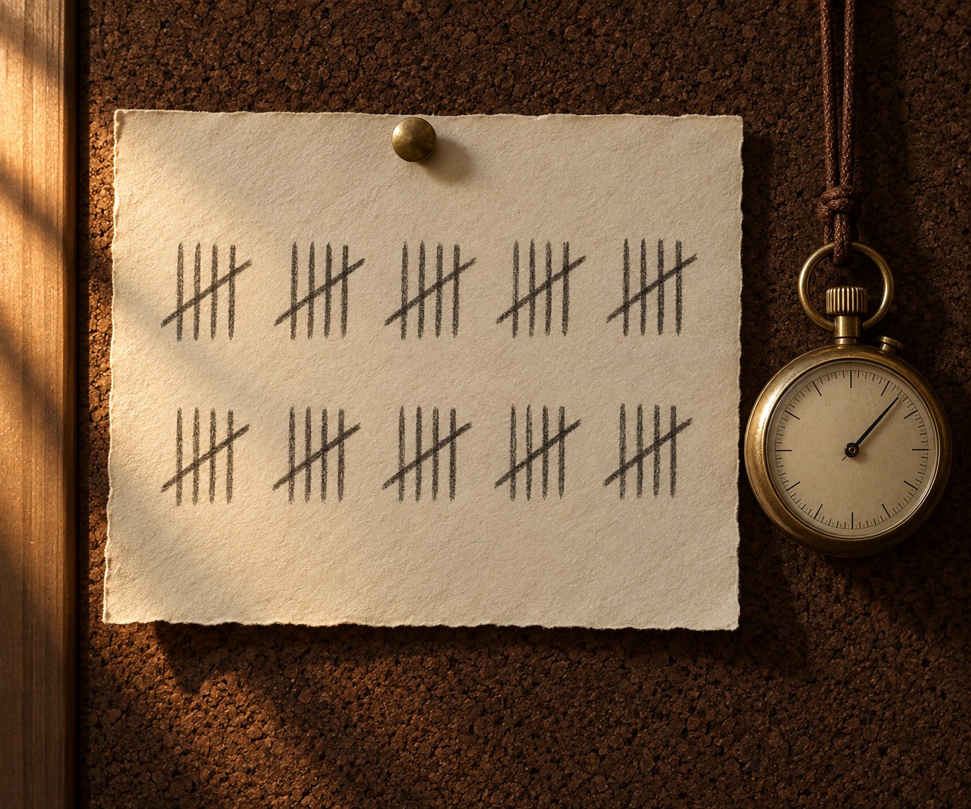 A notebook page with simple tally marks in two columns and a stopwatch resting beside it, no readable numbers
