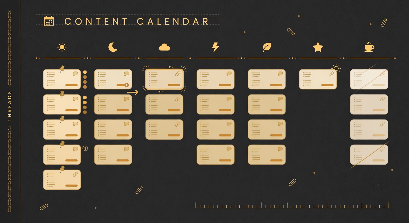 Weekly content calendar illustration showing thread posting schedule for digital product promotion