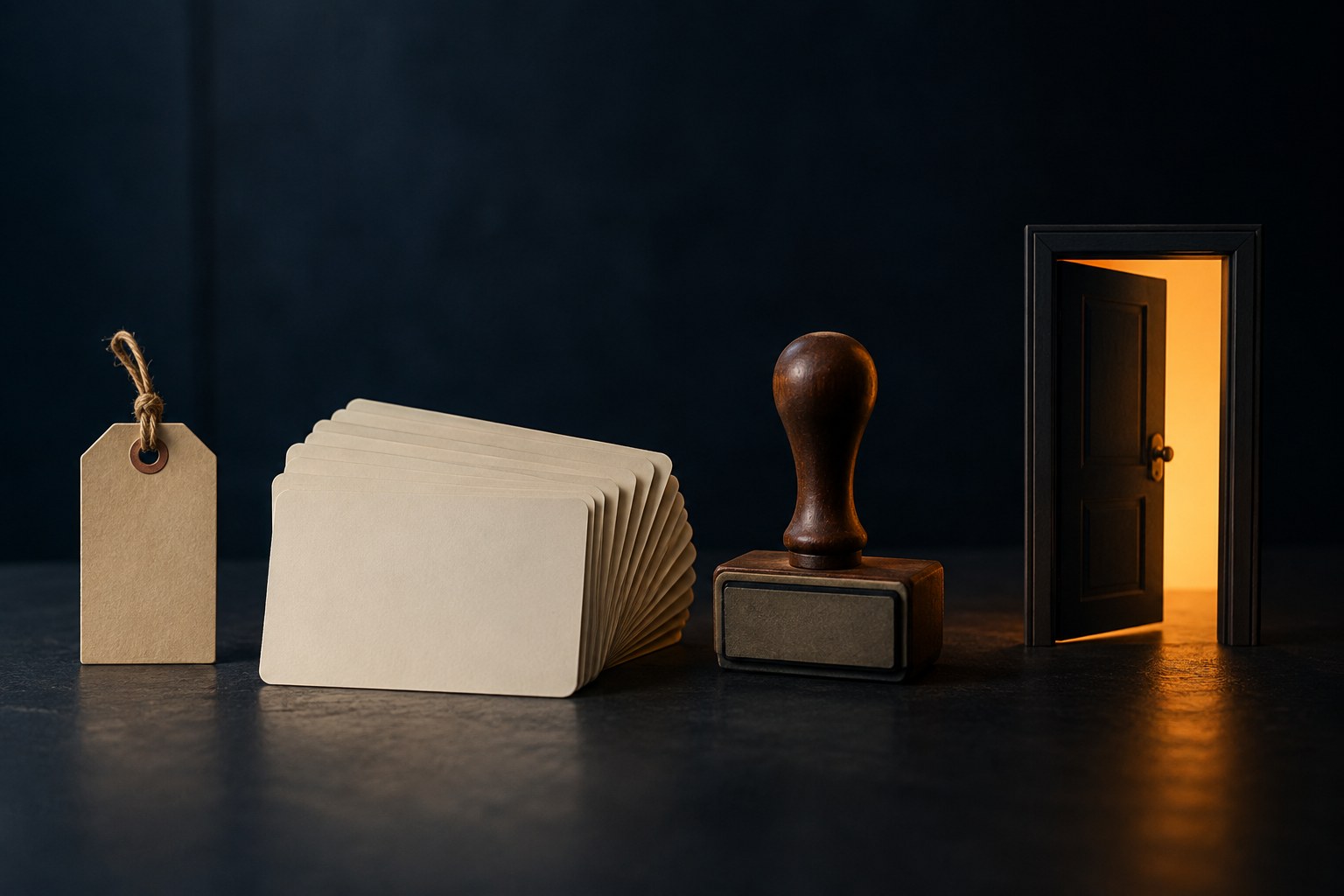 Physical tag, growing stack of notes, review stamp, and an open doorway standing in a row on a dark desk