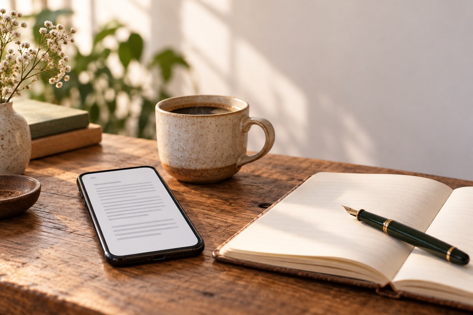 A phone showing a drafted Threads post beside a coffee cup and notebook, mid-edit