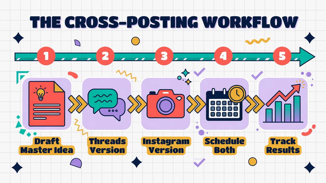 Five-step cross-posting workflow infographic showing draft, adapt for Threads, adapt for Instagram, schedule, and track