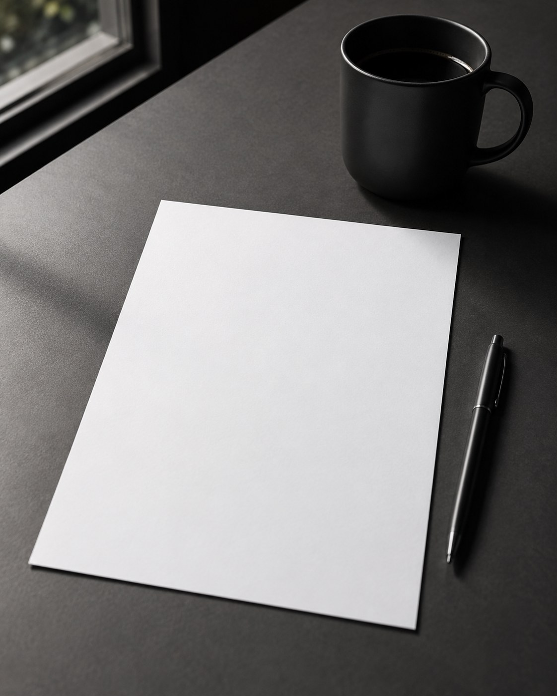A single clean document page laid on a dark desk beside a pen and a cup of coffee, suggesting a one-page media kit ready to send