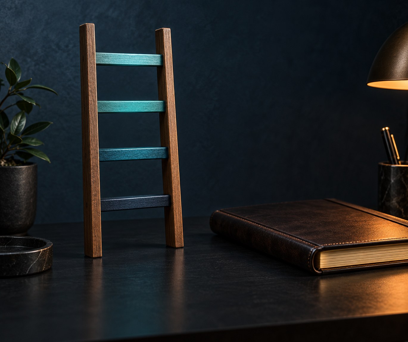 Wooden four-rung ladder standing on a dark desk beside a closed notebook