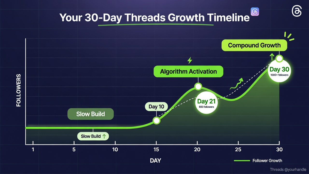 Line chart showing the expected 30-day follower growth timeline on Threads with three growth phases