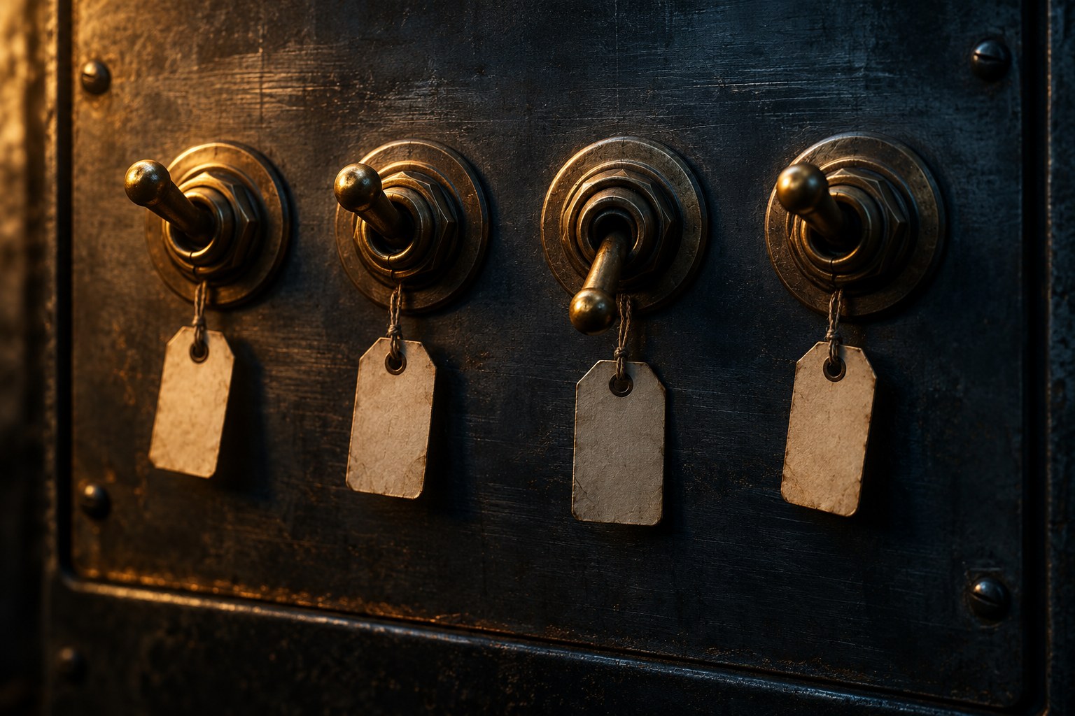 Four brass toggle switches on a dark panel, each with a small blank paper tag, one flipped off