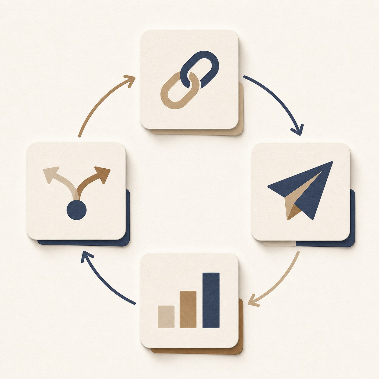 Weekly UTM routine shown as four steps: tag the link, post it, read the report, make one decision