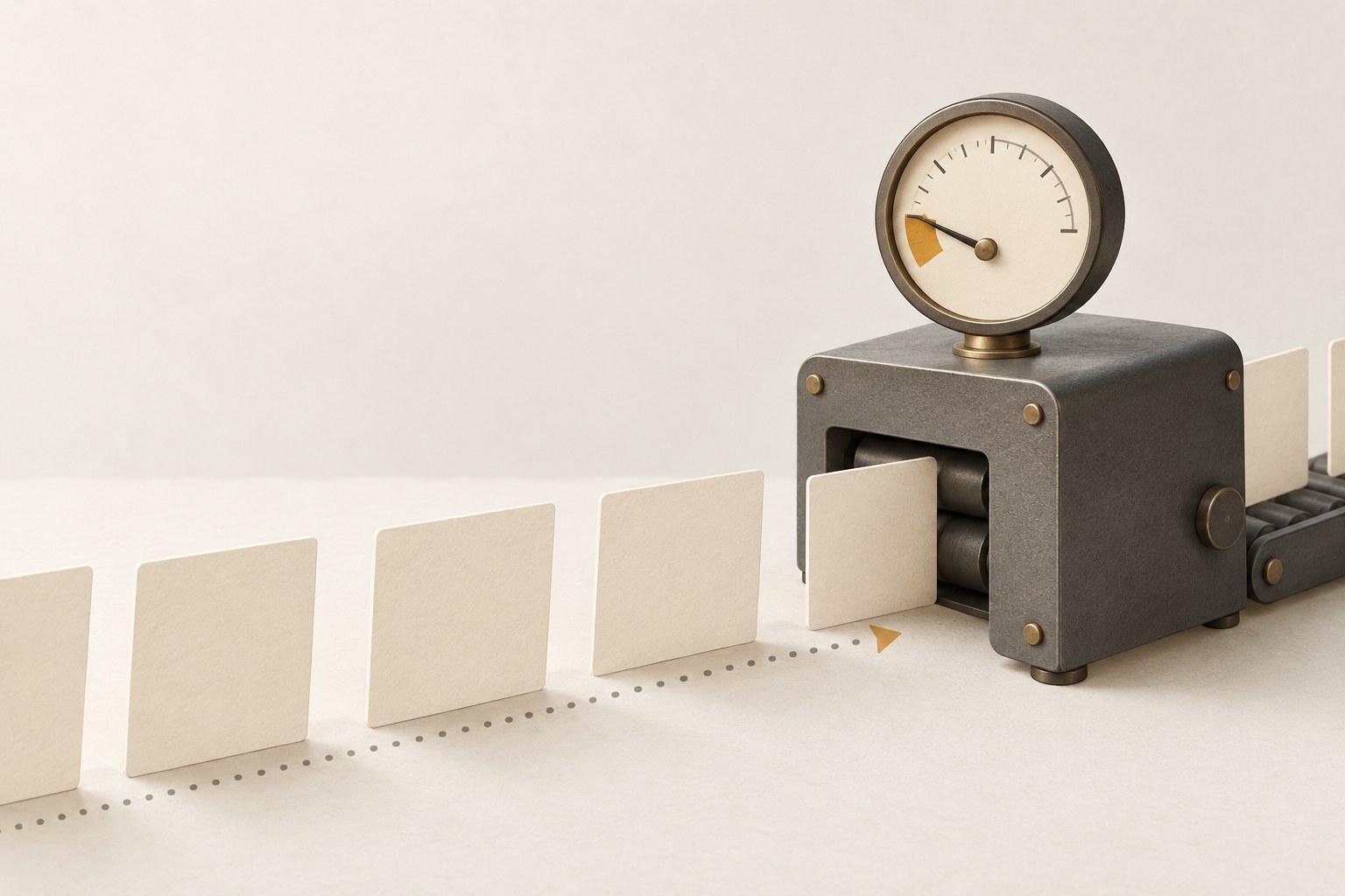 Paper cards moving along a dotted path into a small machine with a round gauge showing remaining capacity