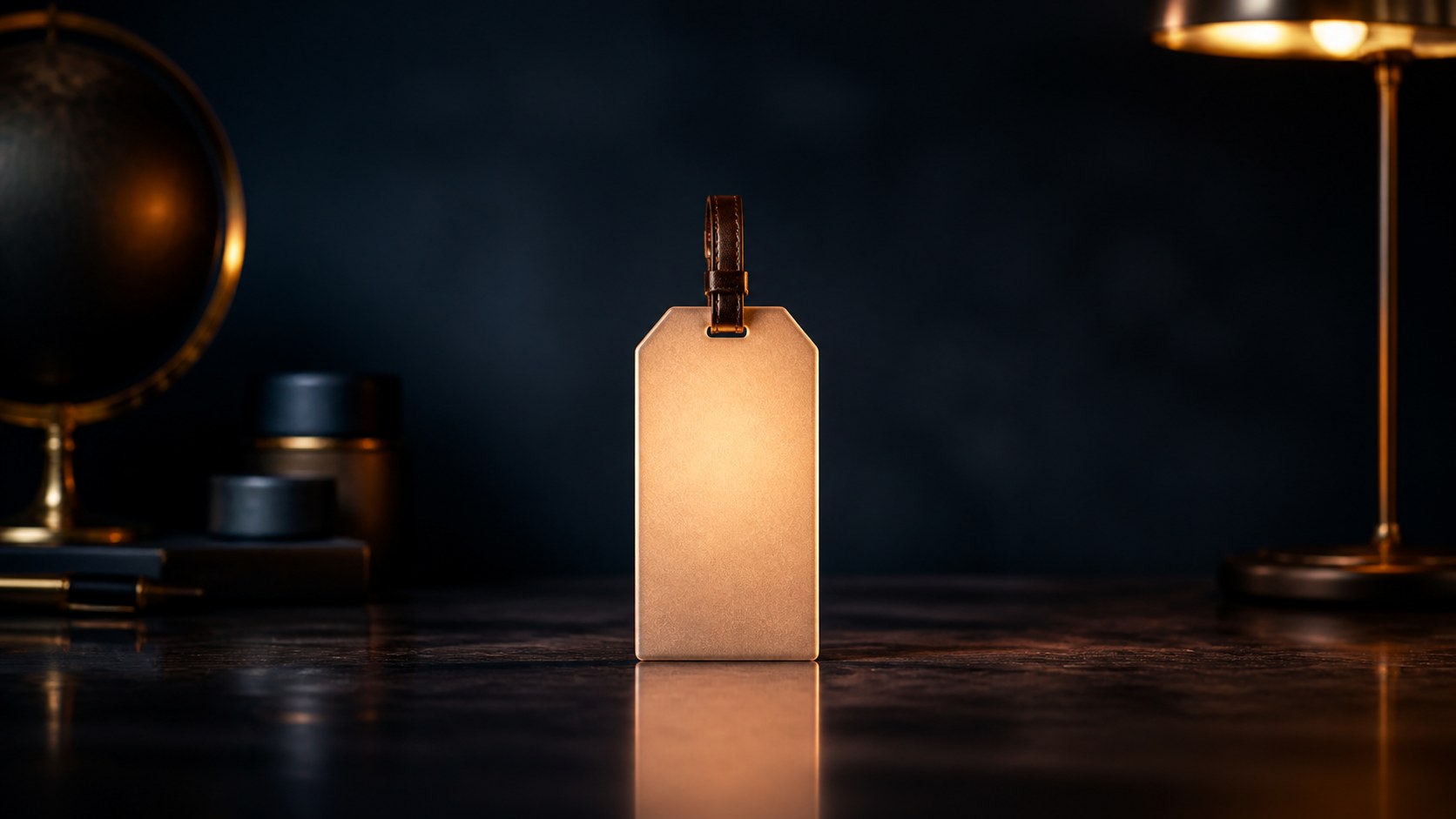 A blank brass luggage tag standing upright on a reflective dark desk, lit by a warm brass lamp, beside a small globe