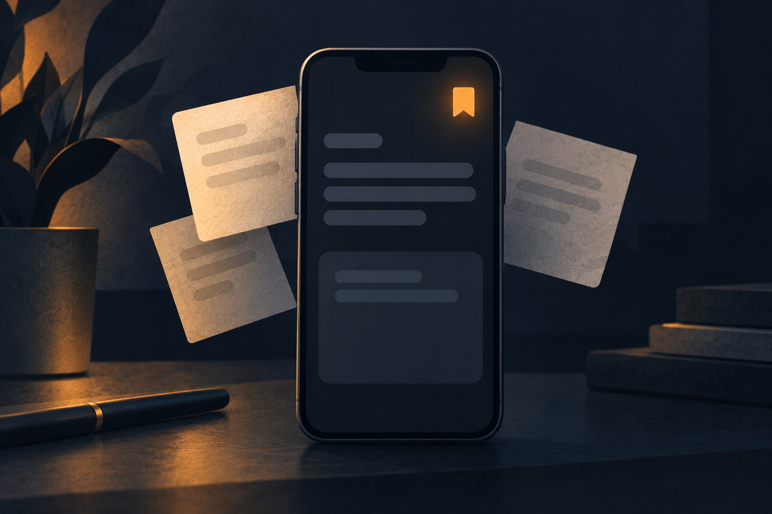 A smartphone with an open text composer holding an unfinished post, with a small draft icon glowing in the corner of the screen