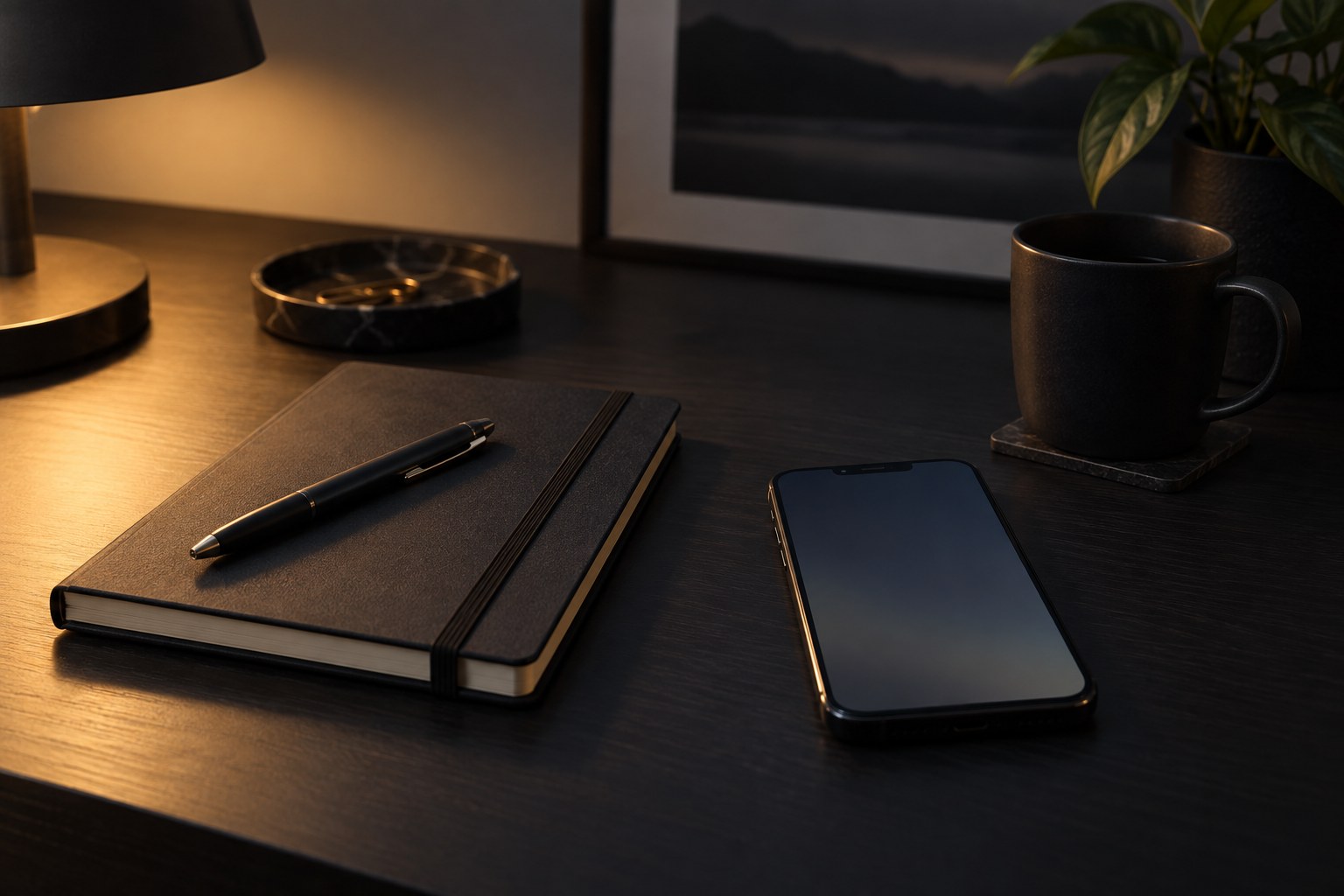 A tidy desk with a small notebook and pen logged beside a phone showing a calm, empty notification tray