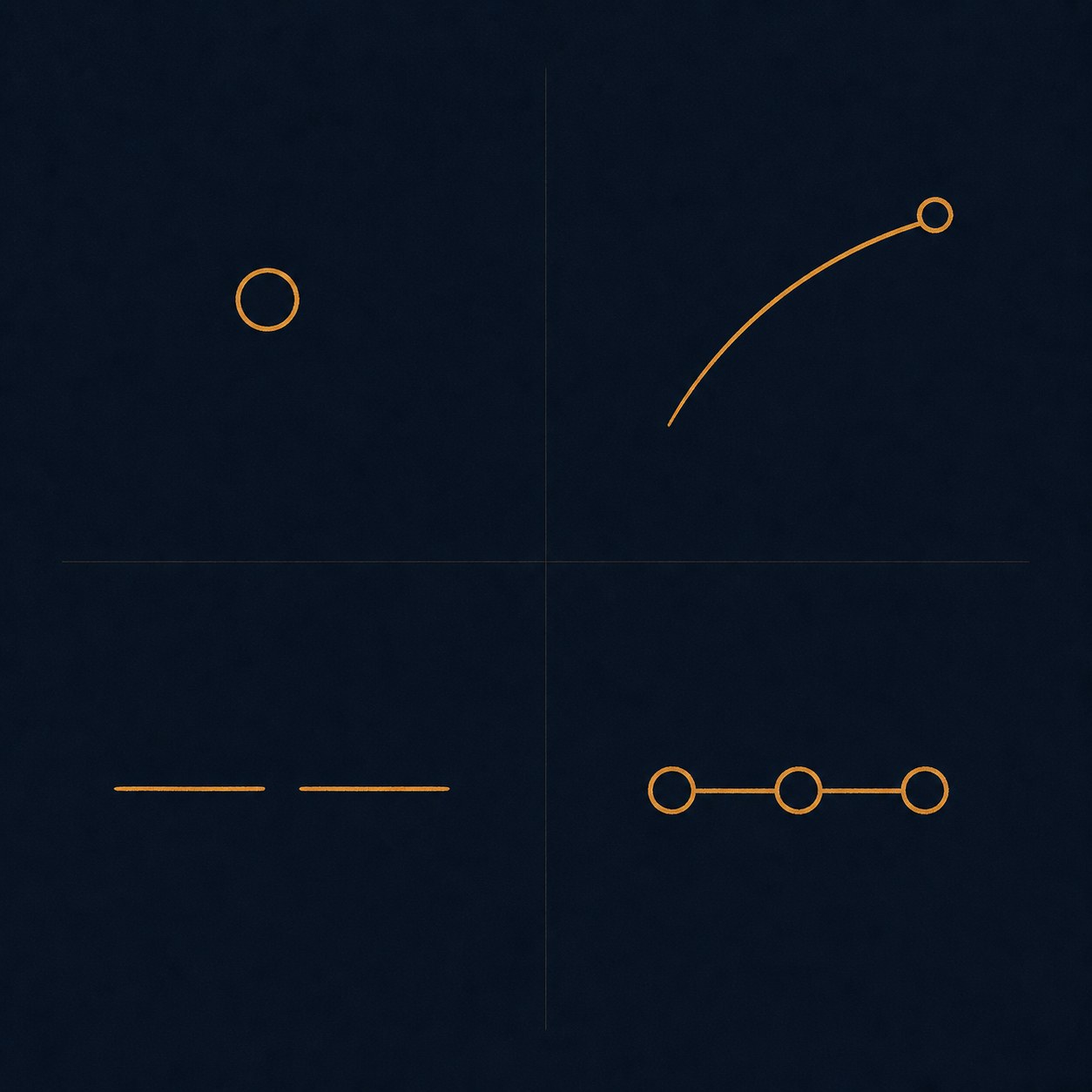 Dark editorial diagram of four rounded blocks in a row against a charcoal background: a single lit window, a turning arrow, a half-open door, and three linked dots.