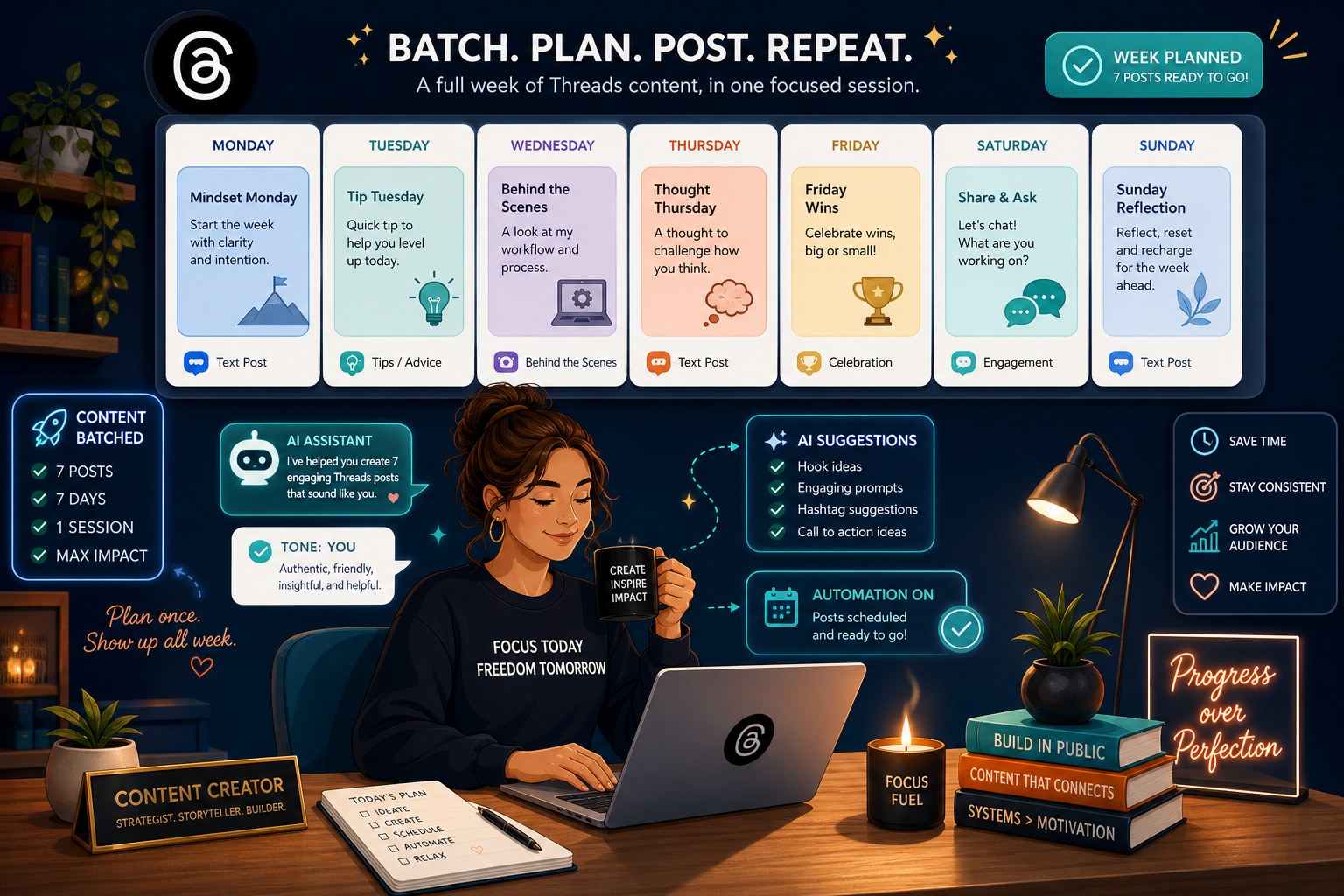 Illustration of a creator batching a week of Threads content in one sitting using AI tools with a calendar visualization