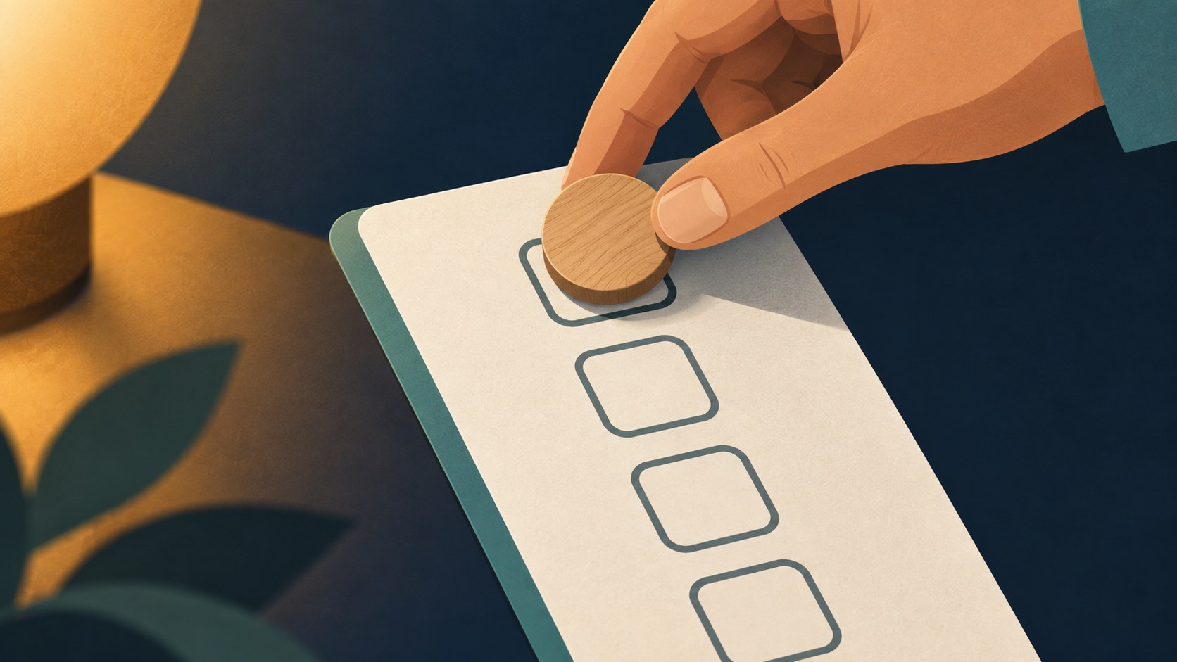 A hand placing a wooden token on a finished checklist card