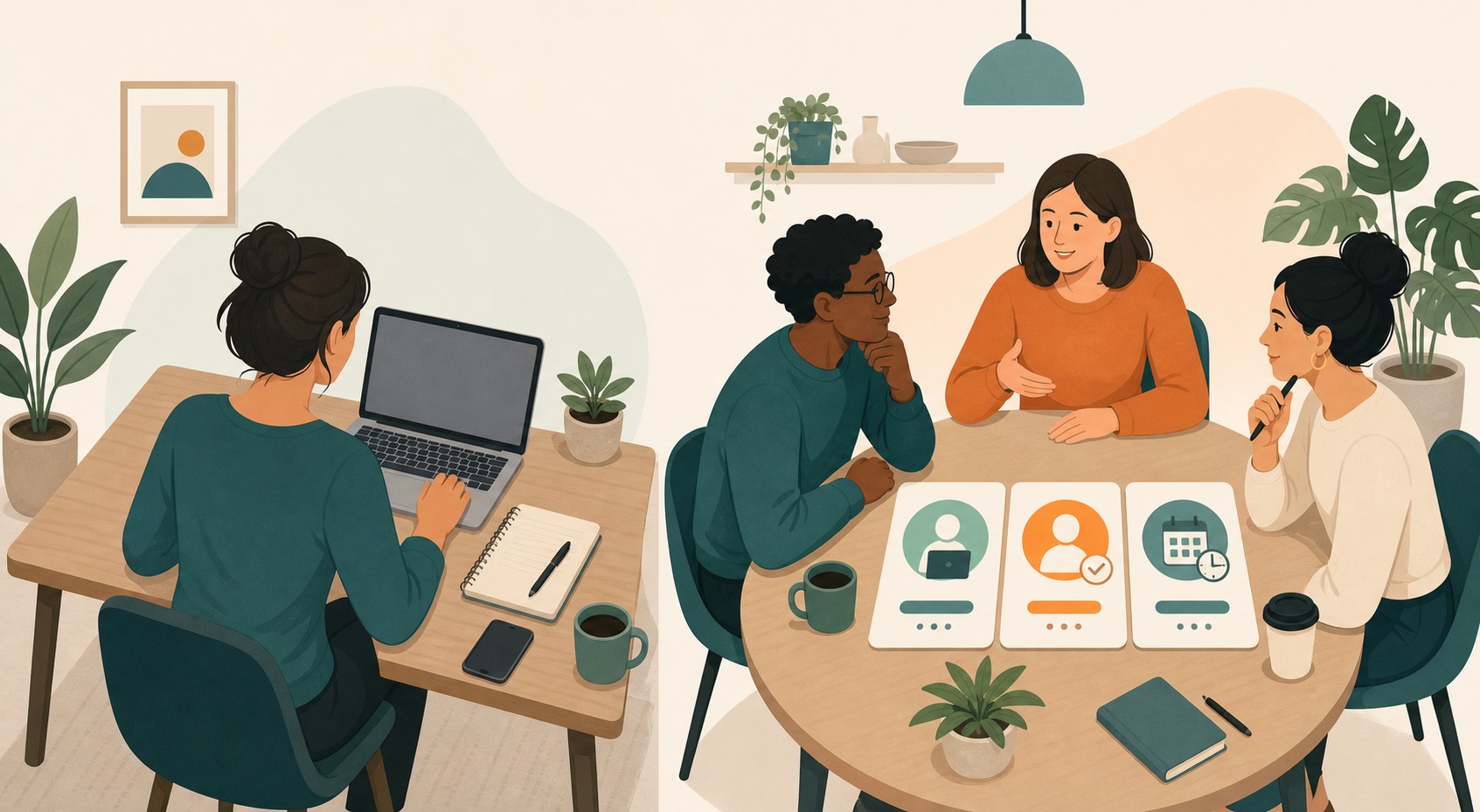 Side-by-side illustration of a solo creator workspace and a small team collaboration table showing different workflow ownership models