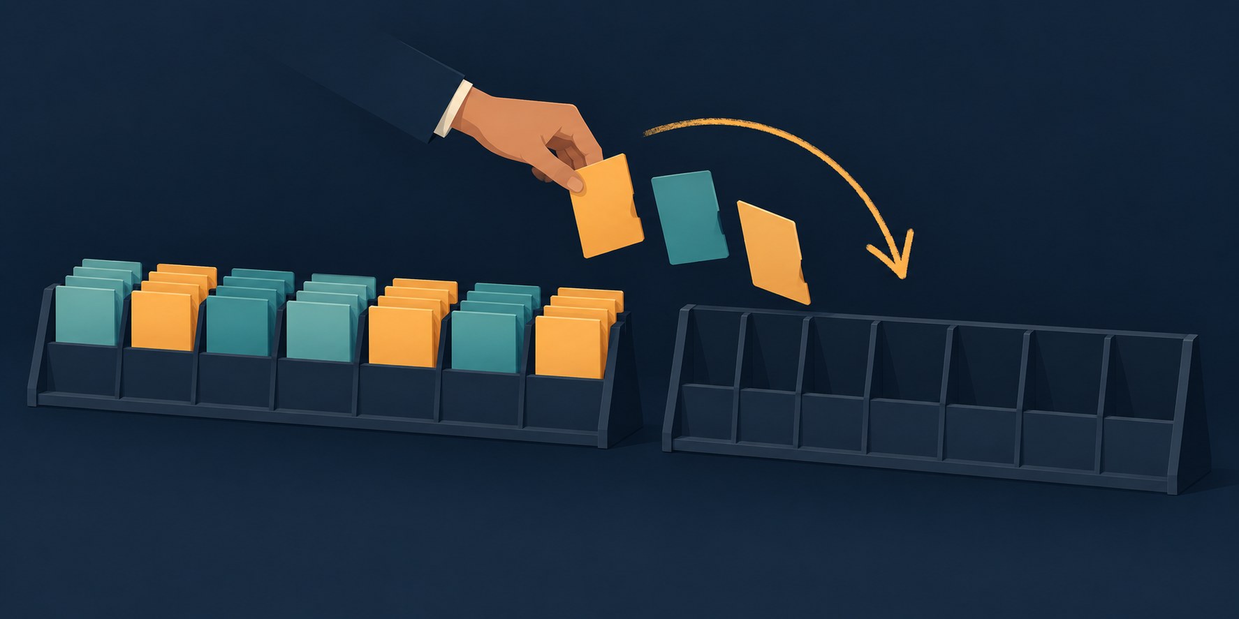 A queue of paper cards moving across a week-long wall calendar from one rack to a second rack