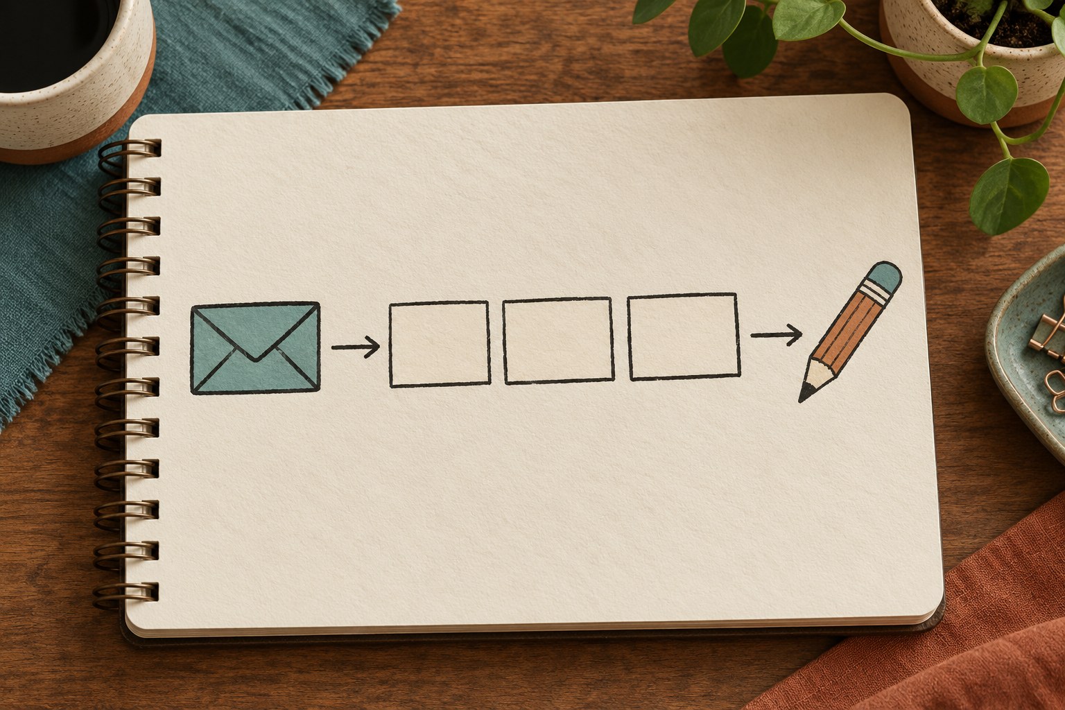 A weekly routine flow drawn on paper: alerts arrive by email, mentions are sorted into three labeled boxes, then replies and post ideas leave the desk