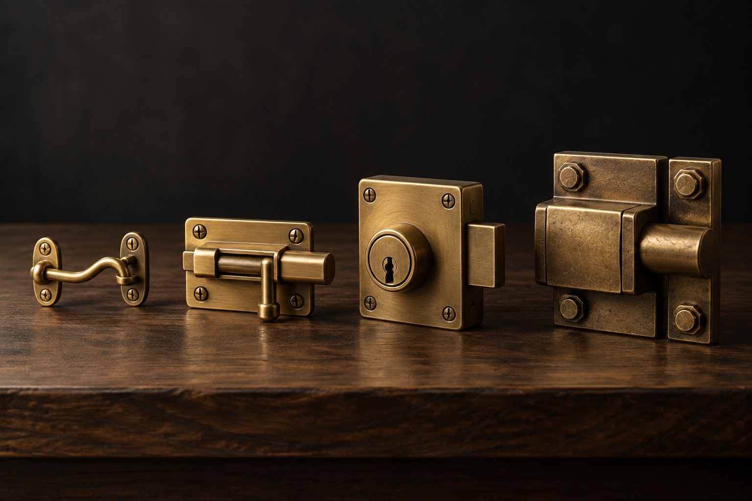 Four distinct door latches arranged in a row from lightest to heaviest, illustrating Threads interaction controls that range from mute to block