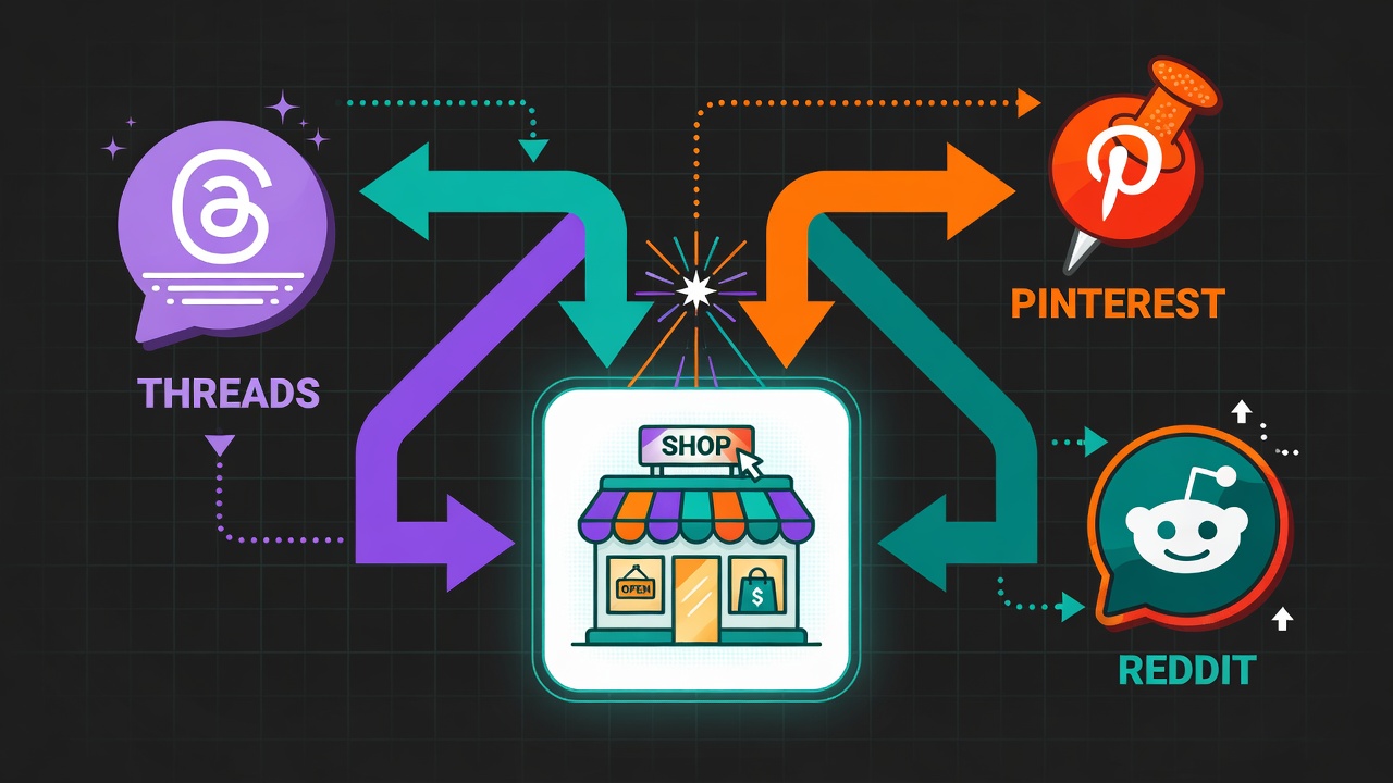 Three traffic sources Threads Pinterest and Reddit driving visitors to digital product store