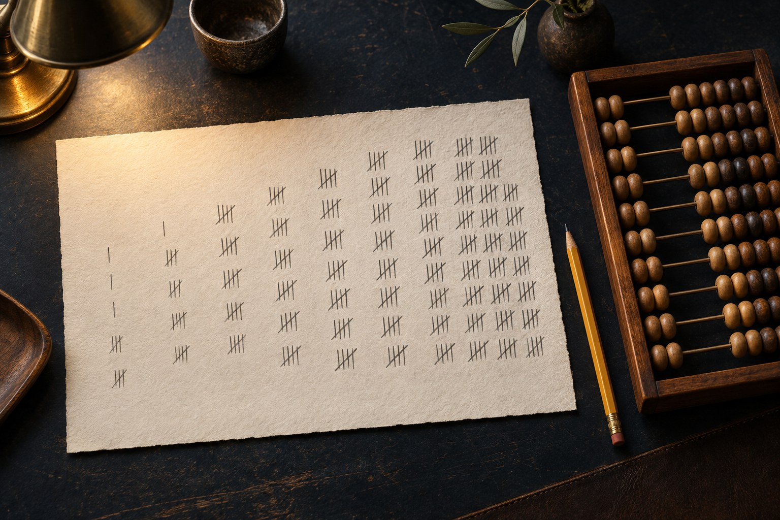 Tally marks grouped in clusters on paper showing rising usage next to a calculator