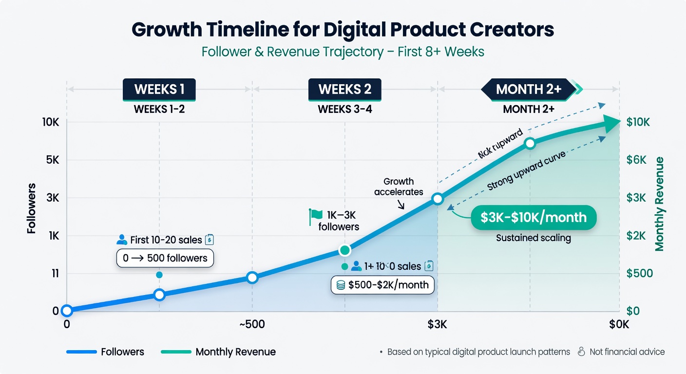 Timeline chart showing follower and revenue growth from zero to 10K per month