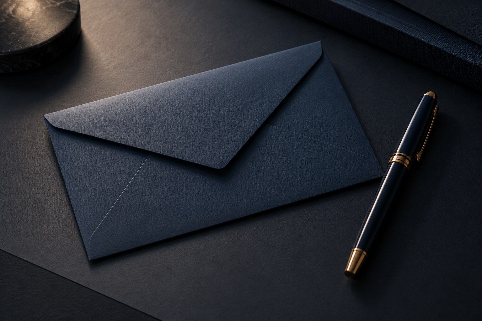 A single sealed envelope beside a pen on a desk, with no charts, no bars, and no numbers