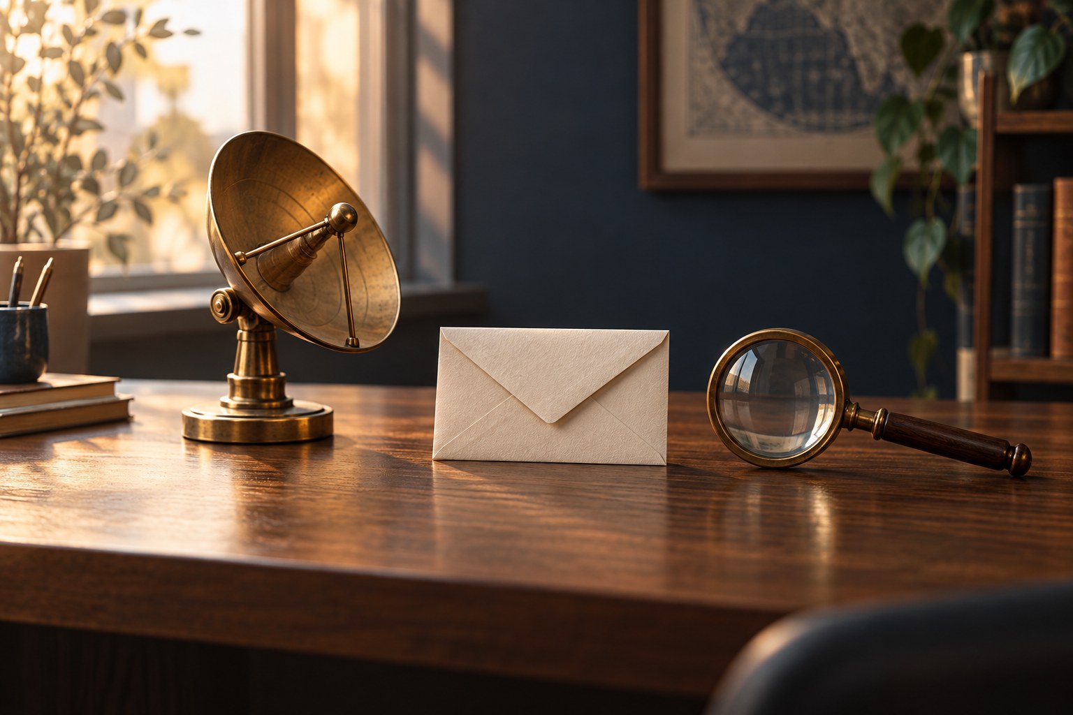 A cost-free monitoring setup made of a small radar dish, an envelope, and a magnifying glass arranged on a desk, representing free social listening tools