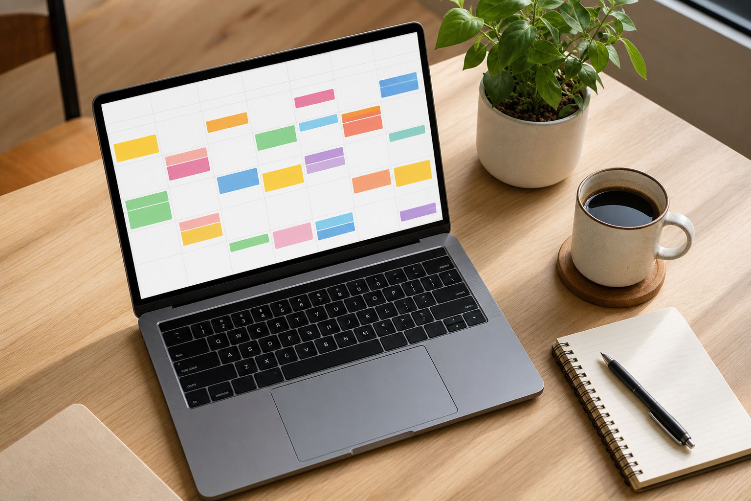 Clean workspace with laptop showing Threads content calendar scheduling view