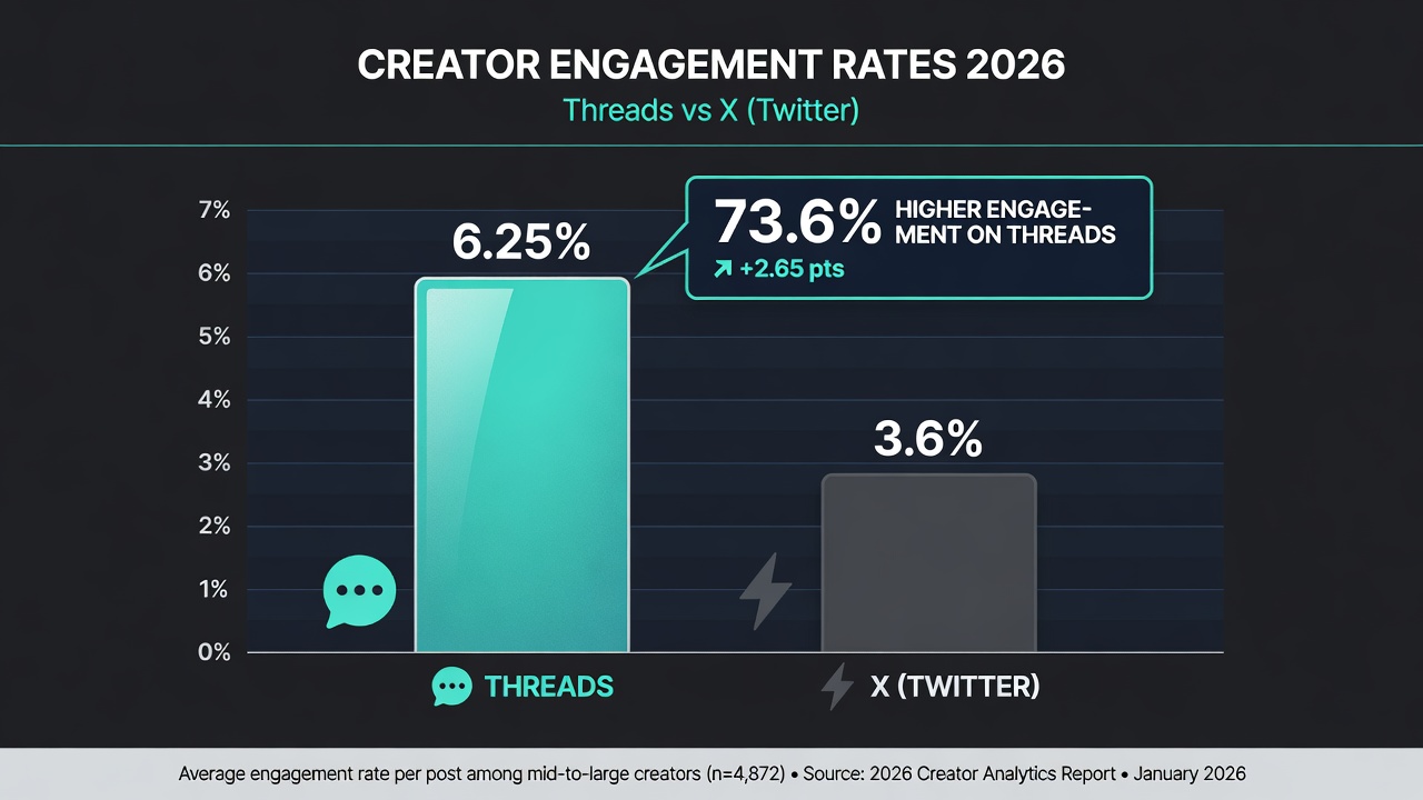 Threads vs X engagement rate comparison chart showing 6.25% vs 3.6%