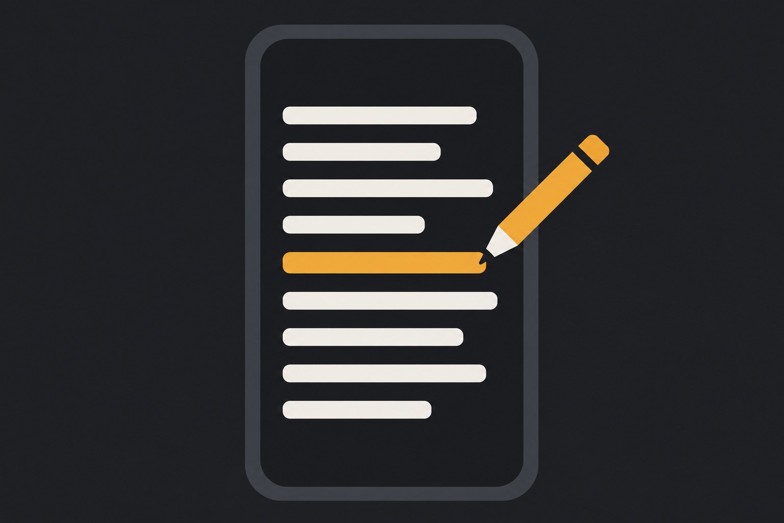 A hand holding a phone at a wooden desk, the screen showing a social text post with a pencil icon and one highlighted line being corrected