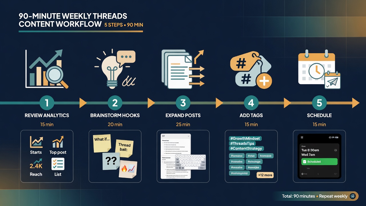 Five-step workflow for planning a week of Threads content in 90 minutes.