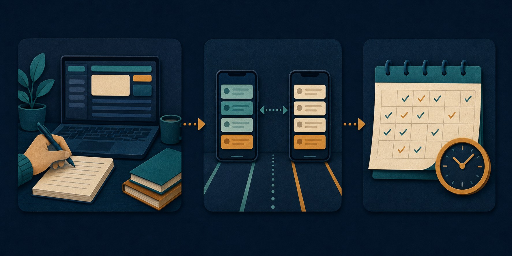 Three-panel workflow diagram showing a writer drafting in one editor, a parallel test running two schedulers side by side, and a calendar with the new queue going live