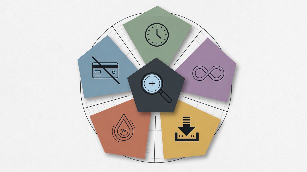 Pentagonal evaluation framework wheel showing five criteria for free Threads schedulers including post limit credit card requirement watermark data export and expiry
