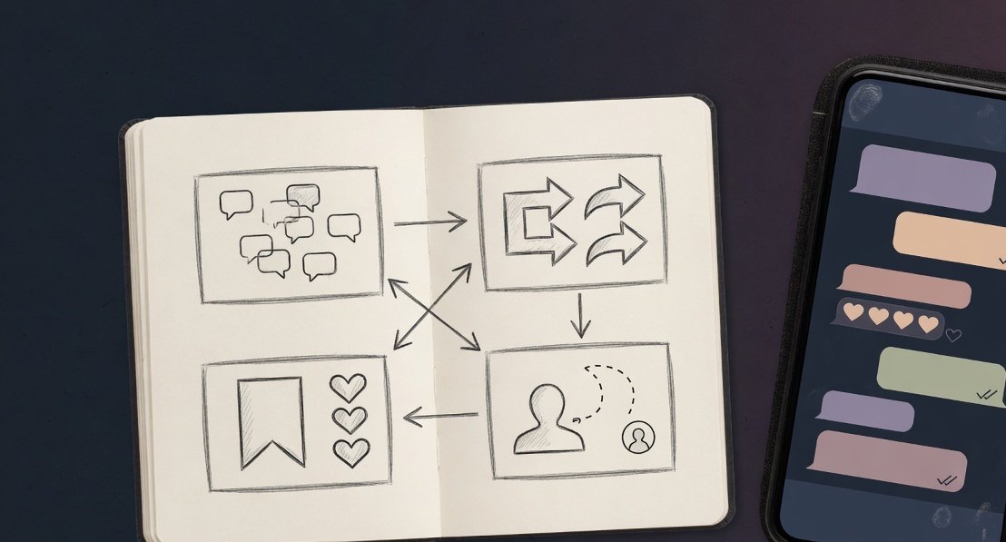 A creator analyzing engagement metrics on a clean desk workspace with a notebook and phone showing conversation threads