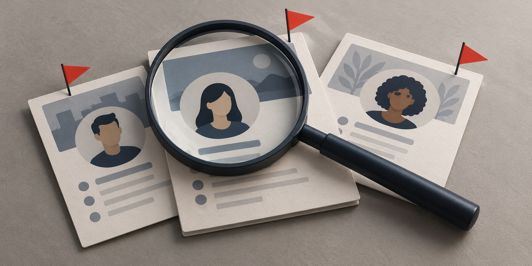A magnifying glass resting on printed profile cards, three cards marked with red flags, clean editorial illustration on a neutral desk