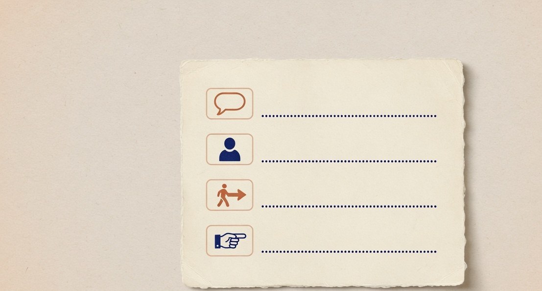 A paper scorecard with four blank tally rows, each marked with a small icon: speech bubble, person, profile visit, pointing finger