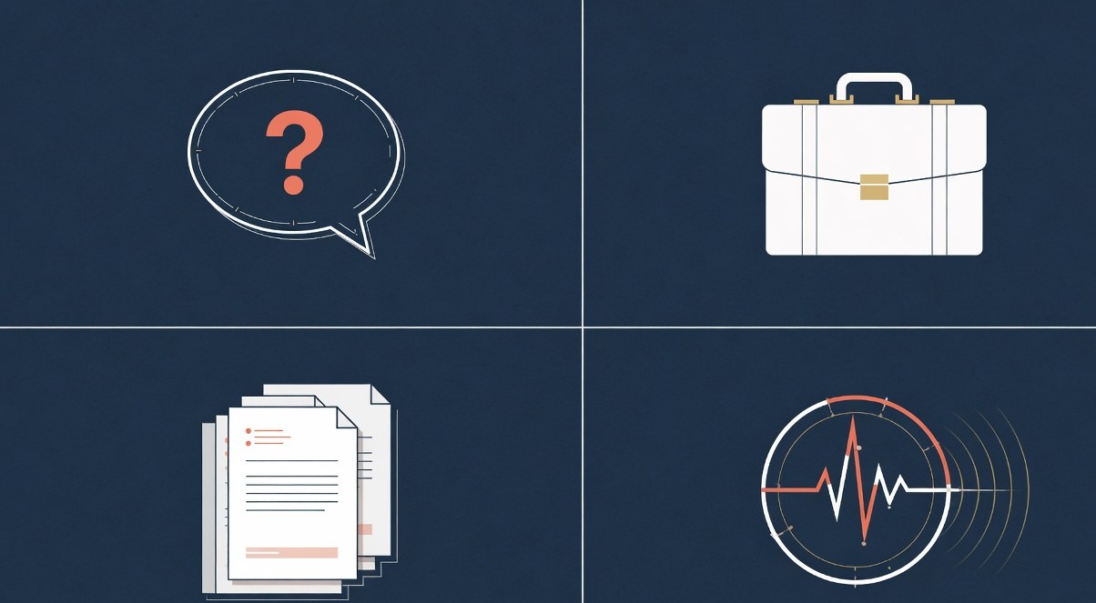 A framework grid showing four idea sources: audience questions, your own work, existing content, and real-time signals