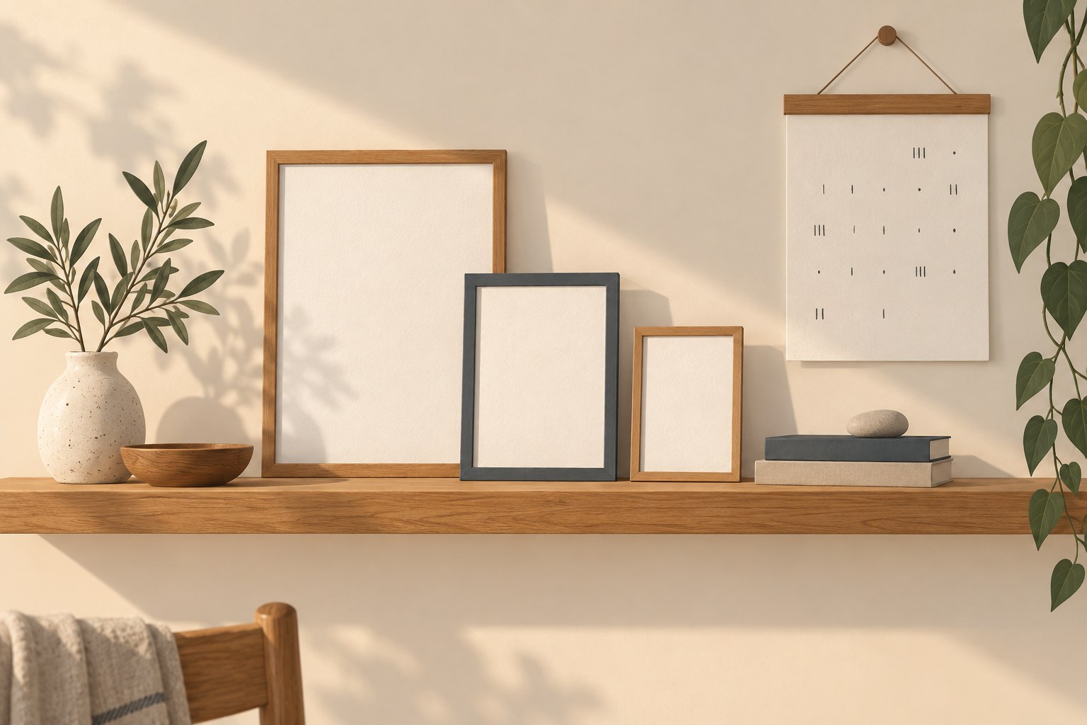 A tidy shelf holding a few framed paper squares beside a calendar with sparse tally marks