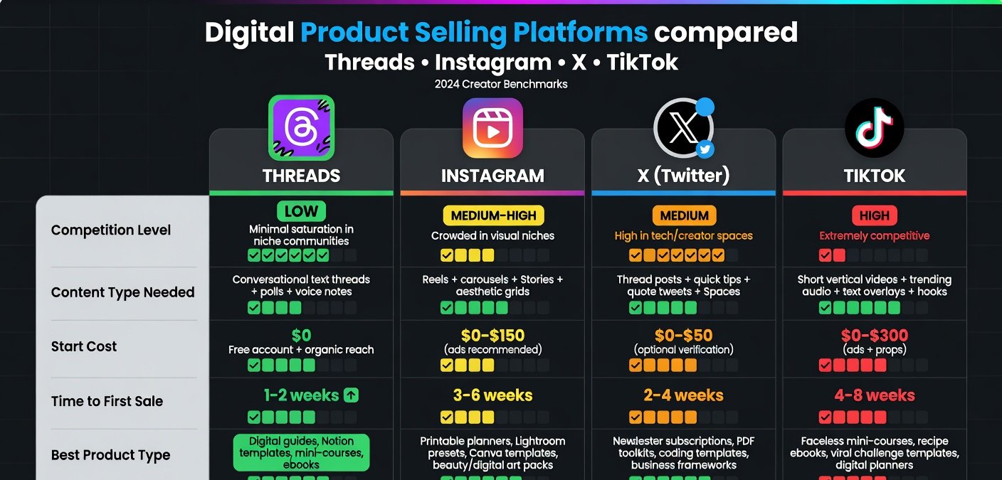 Platform comparison table for selling digital products on Threads vs Instagram vs X vs TikTok