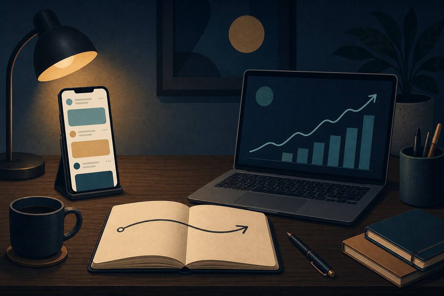 A desk scene with an open notebook bridging a phone showing a social feed and a laptop showing a simple traffic chart