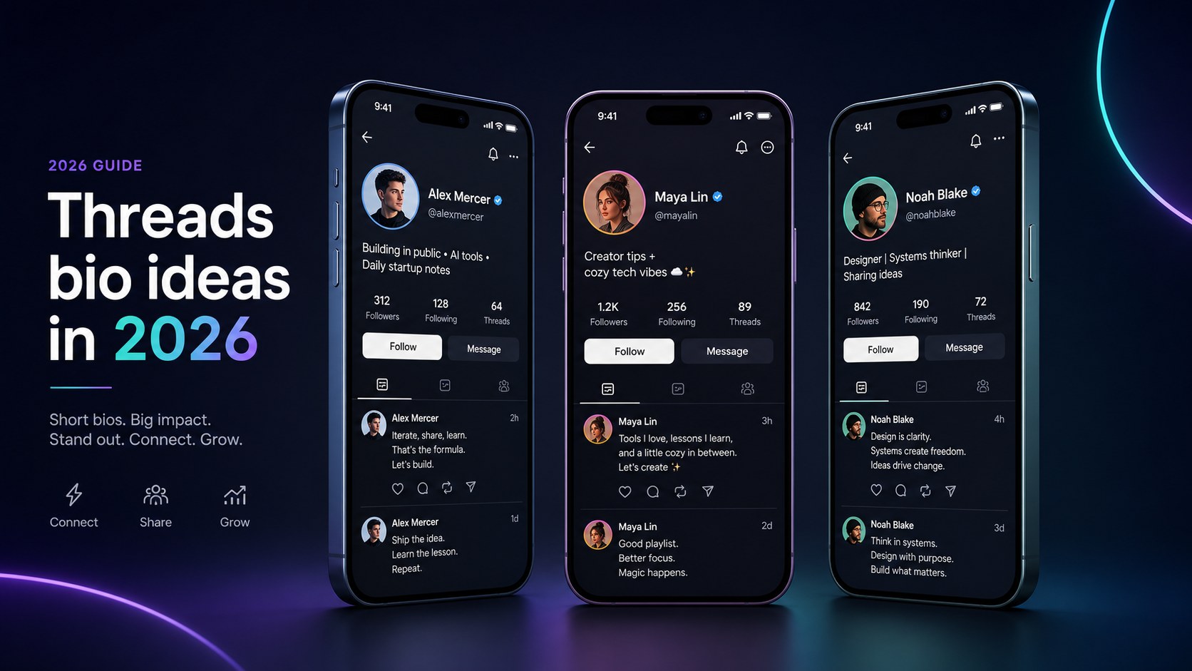 Threads bio ideas examples shown on mobile phone screens for 2026
