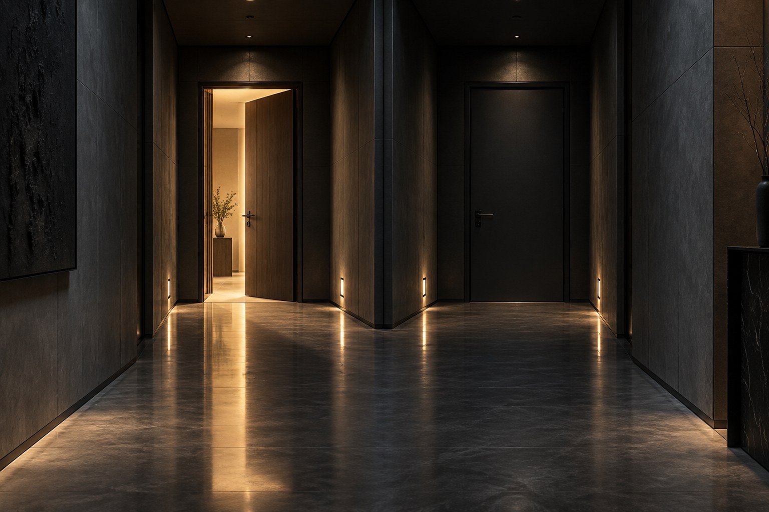 Two paths diverging at a doorway: one path continues quietly past a half-open door, the other ends at a solid closed door
